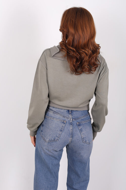 Dik Yaka Haki Kadın Fermuarlı Sweatshirt - 4