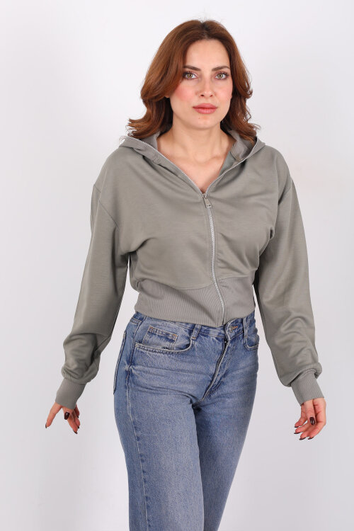 Dik Yaka Haki Kadın Fermuarlı Sweatshirt - 3