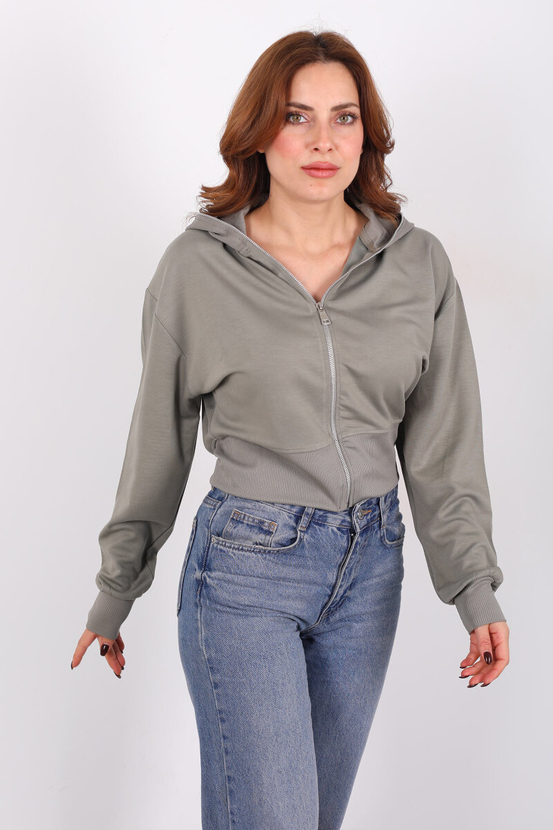 Dik Yaka Haki Kadın Fermuarlı Sweatshirt - 3