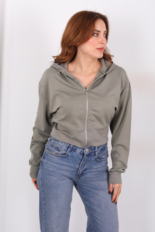 Dik Yaka Haki Kadın Fermuarlı Sweatshirt - Berox