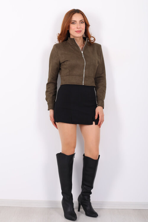 Dik Yaka Haki Kadın Süet Ceket - 7