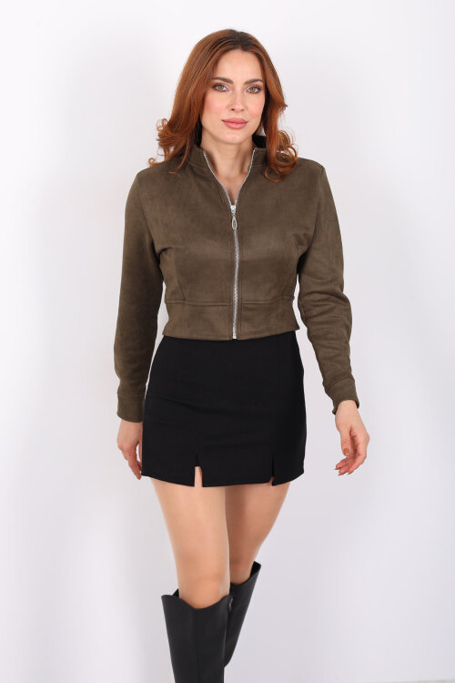 Dik Yaka Haki Kadın Süet Ceket - 6
