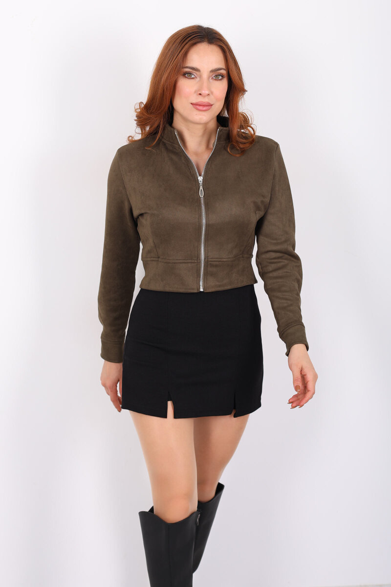 Dik Yaka Haki Kadın Süet Ceket - 6