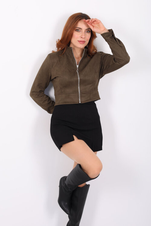 Dik Yaka Haki Kadın Süet Ceket - 4