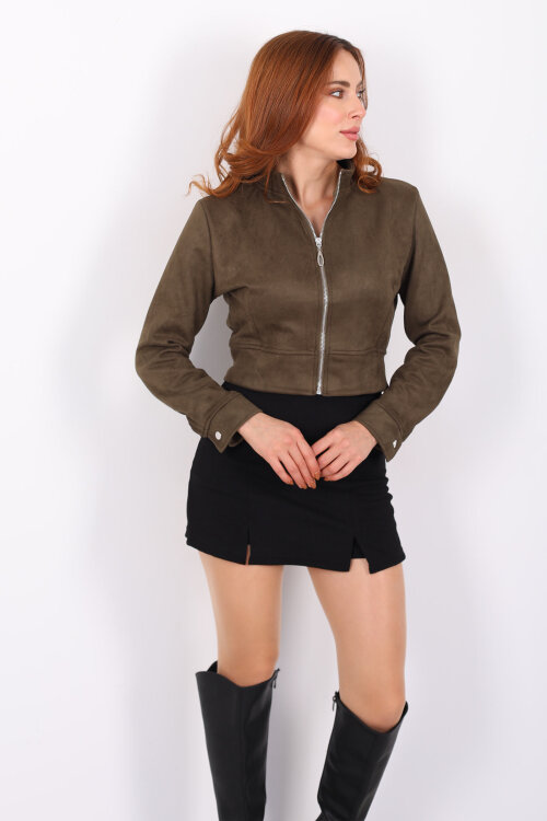 Dik Yaka Haki Kadın Süet Ceket - Berox