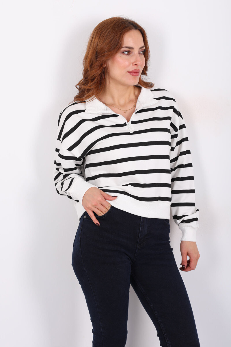 Dik Yaka İnce Çizgili Fermuarlı Siyah Kadın Sweat - 1