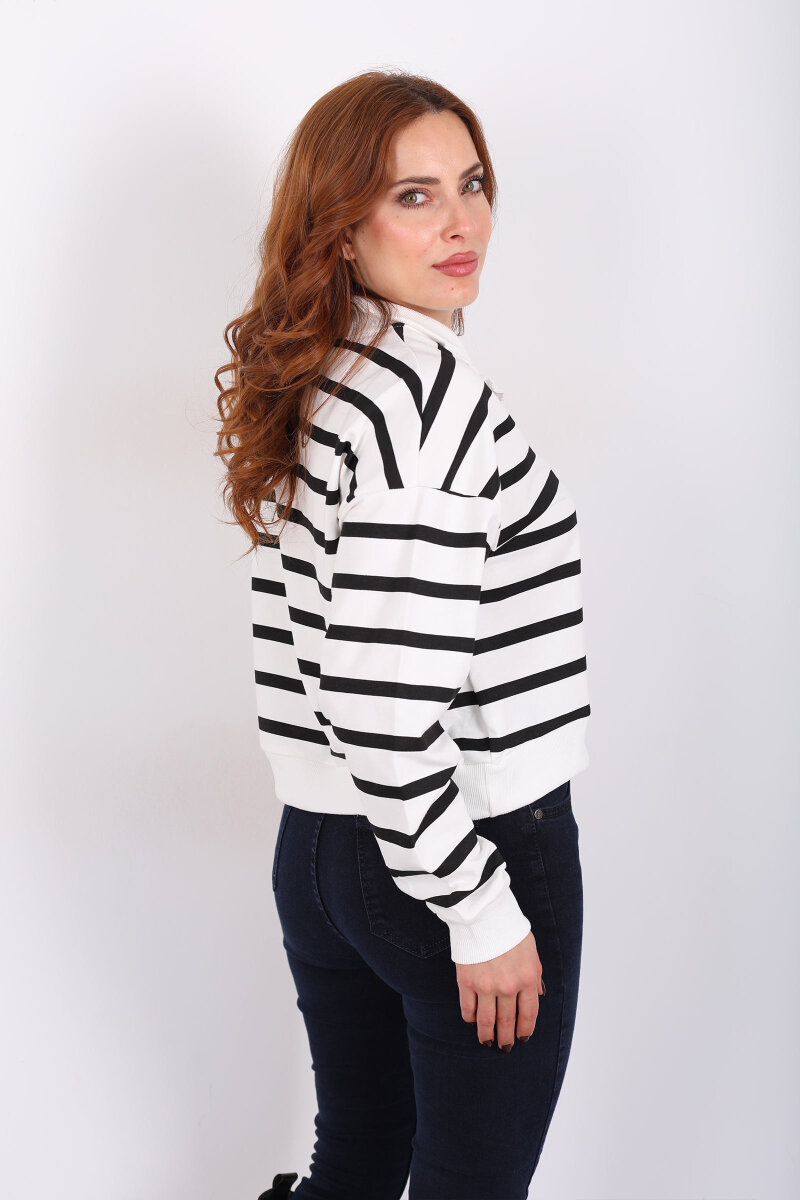 Dik Yaka İnce Çizgili Fermuarlı Siyah Kadın Sweat - 4