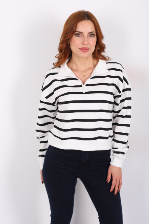 Dik Yaka İnce Çizgili Fermuarlı Siyah Kadın Sweat - 5