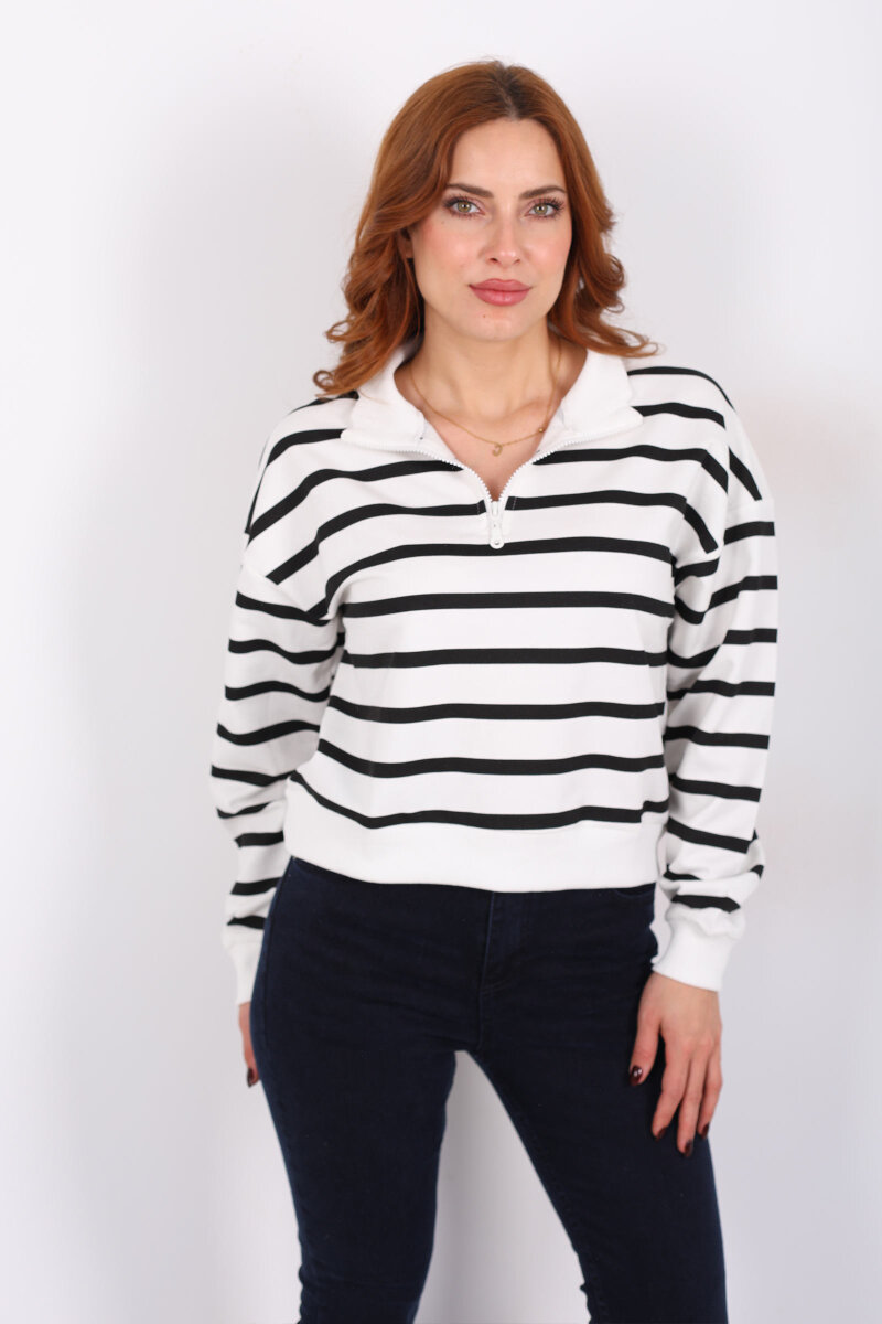 Dik Yaka İnce Çizgili Fermuarlı Siyah Kadın Sweat - 5