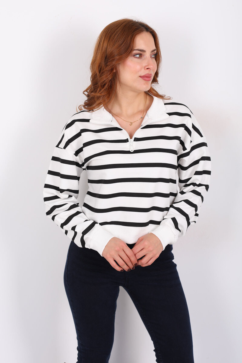 Dik Yaka İnce Çizgili Fermuarlı Siyah Kadın Sweat - 3