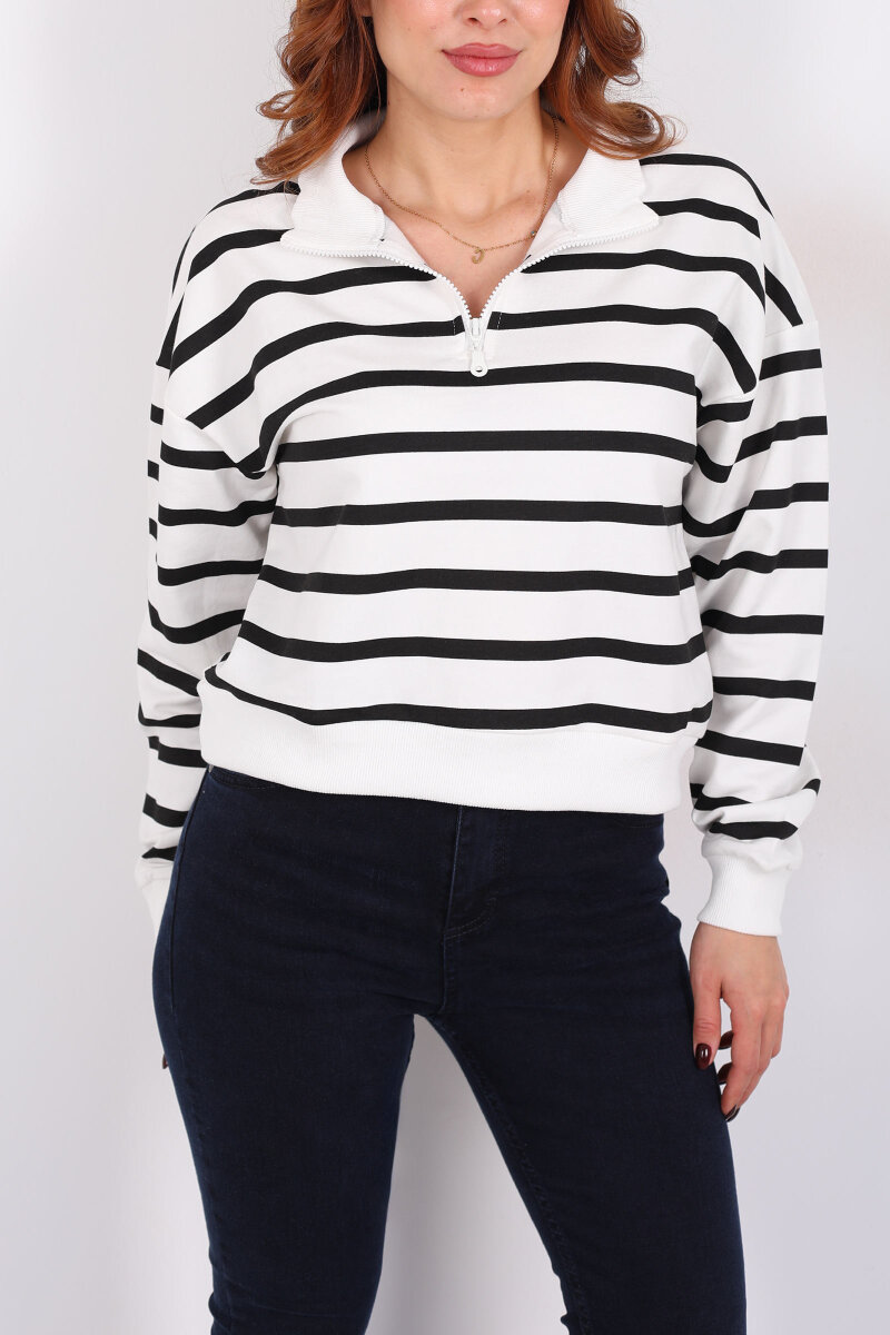 Dik Yaka İnce Çizgili Fermuarlı Siyah Kadın Sweat - 2