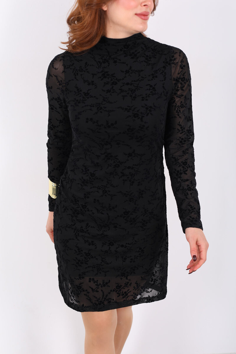 Dik Yaka Kadife Baskılı Siyah Kadın Drapeli Elbise - 2