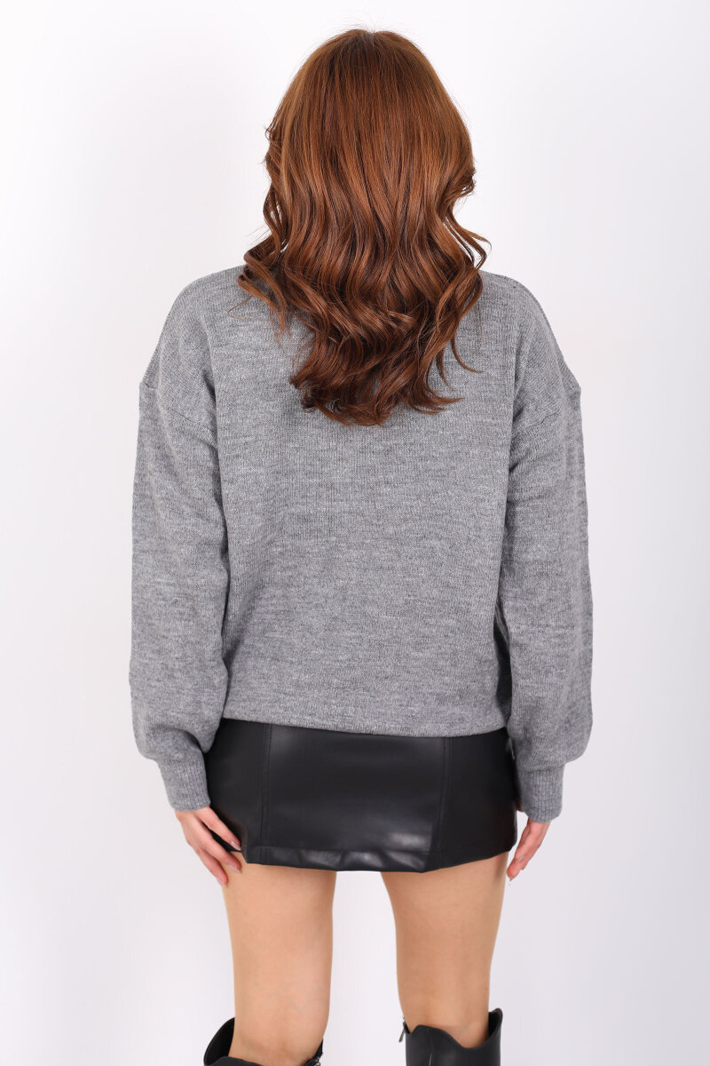 Dik Yaka Kadın Antrasit Triko Kazak - 2