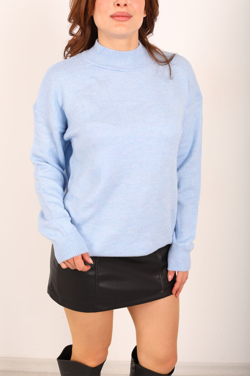 Dik Yaka Kadın Bebe Mavisi Triko Kazak - 2