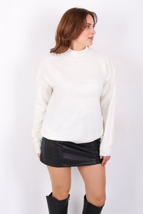 Dik Yaka Kadın Ekru Triko Kazak - 5