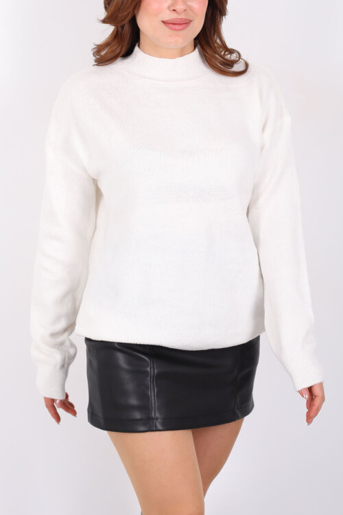 Dik Yaka Kadın Ekru Triko Kazak - 2