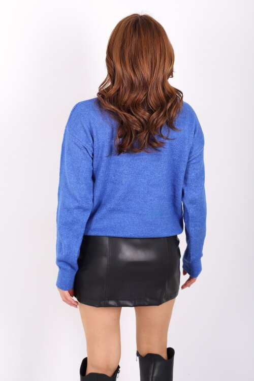 Dik Yaka Kadın Saks Mavisi Triko Kazak - 5