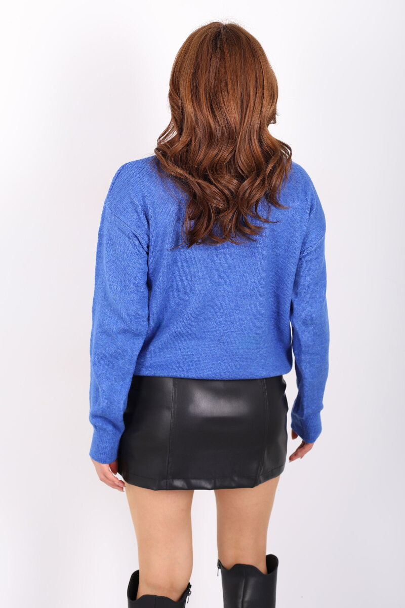 Dik Yaka Kadın Saks Mavisi Triko Kazak - 5