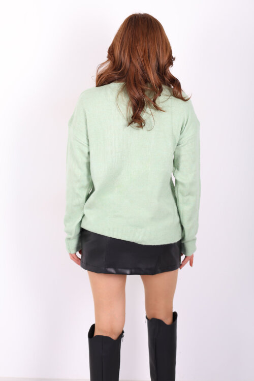 Dik Yaka Kadın Yeşil Triko Kazak - 5