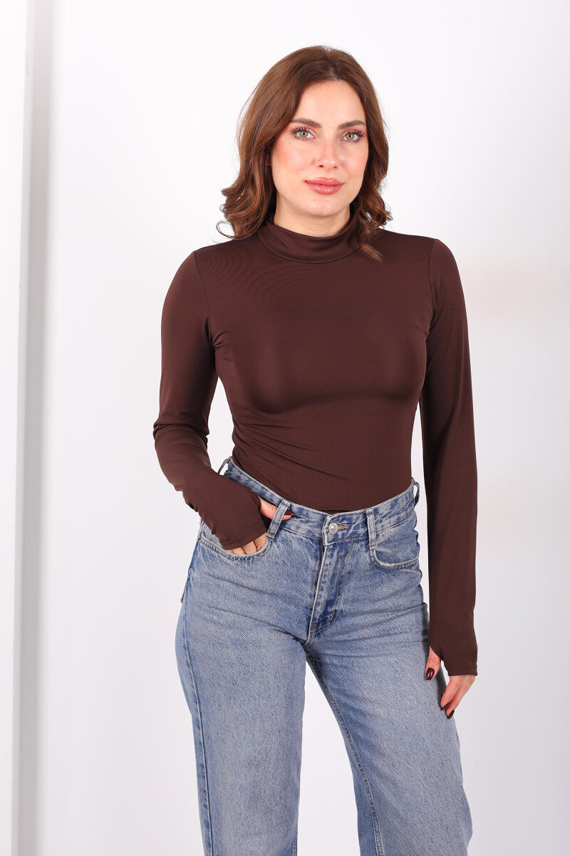 Dik Yaka Kahverengi Kadın Çıtçıtlı Body - 3