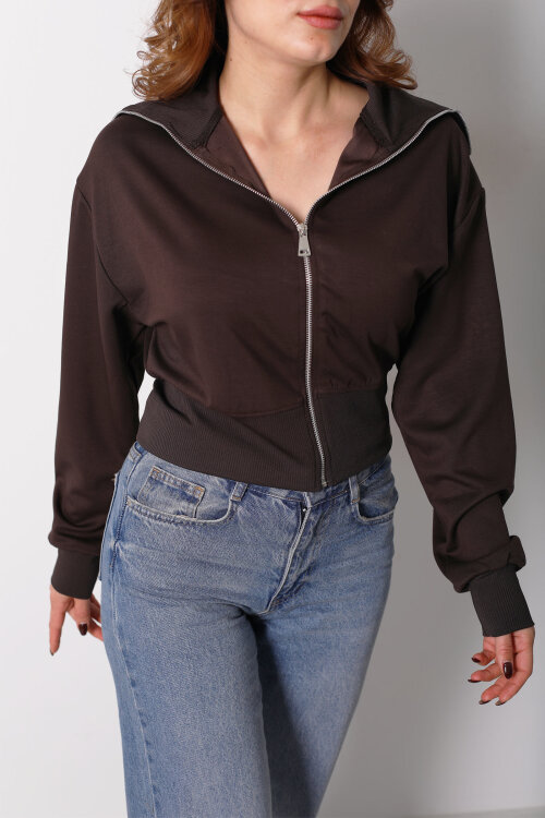 Dik Yaka Kahverengi Kadın Fermuarlı Sweatshirt - 2