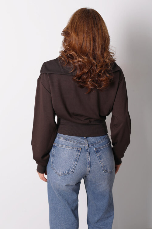 Dik Yaka Kahverengi Kadın Fermuarlı Sweatshirt - 4