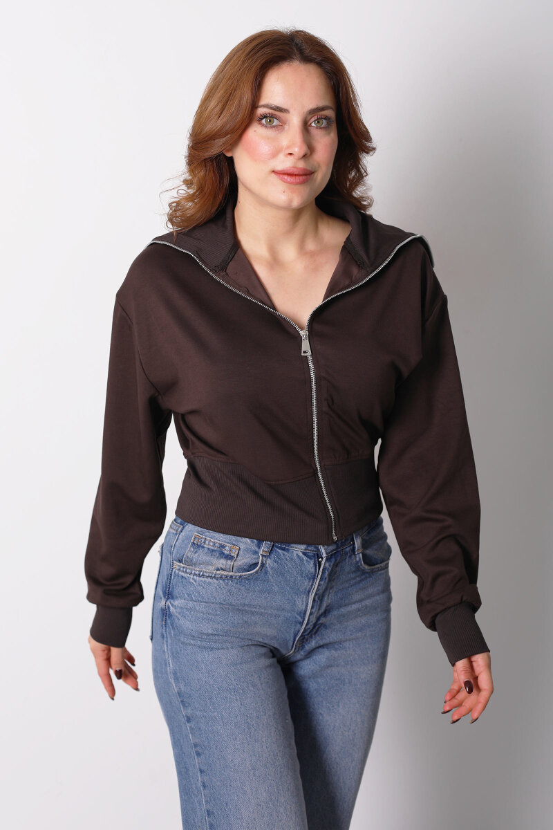 Dik Yaka Kahverengi Kadın Fermuarlı Sweatshirt - 5