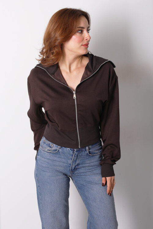 Dik Yaka Kahverengi Kadın Fermuarlı Sweatshirt - 3