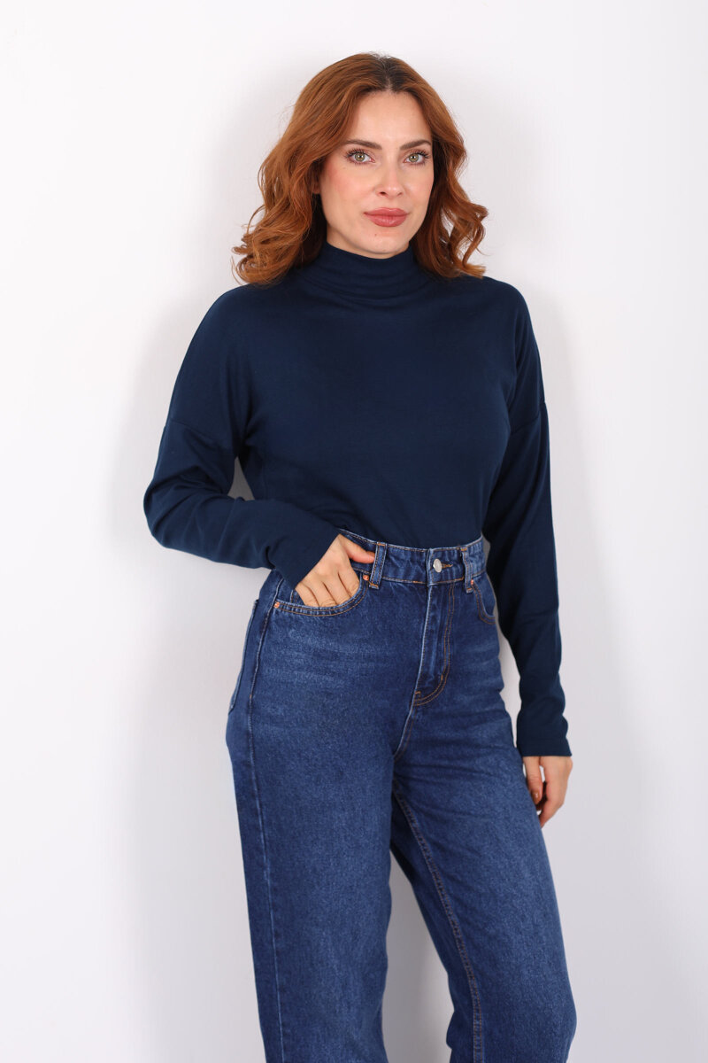 Dik Yaka Lacivert Kadın Buzi Bluz - 1