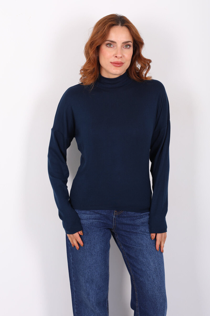 Dik Yaka Lacivert Kadın Buzi Bluz - 3