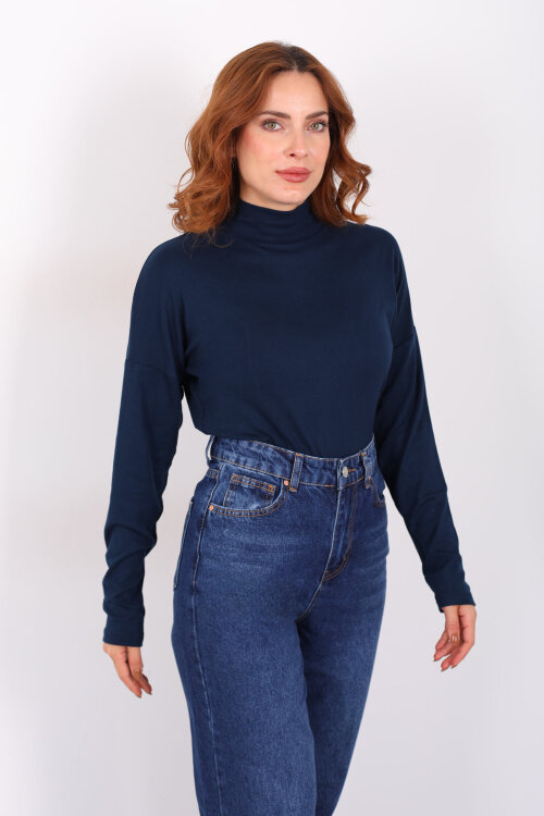 Dik Yaka Lacivert Kadın Buzi Bluz - 5