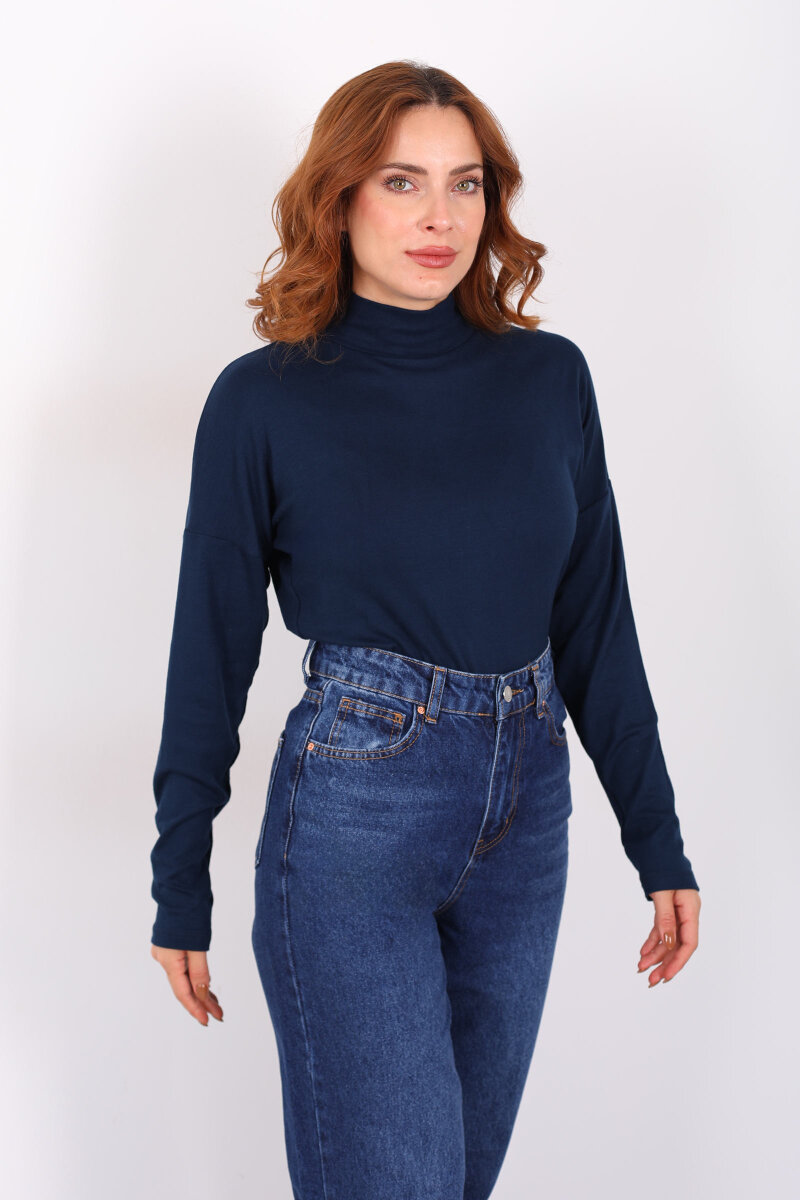 Dik Yaka Lacivert Kadın Buzi Bluz - 5