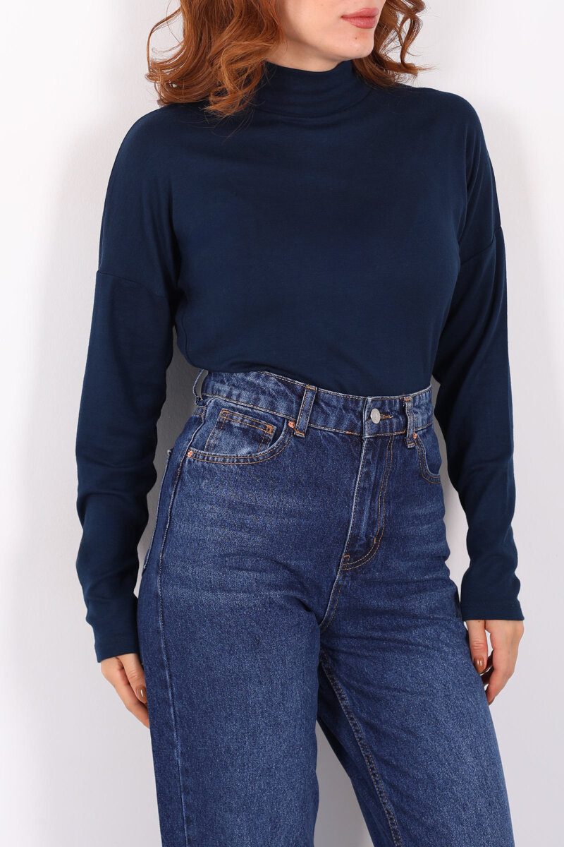 Dik Yaka Lacivert Kadın Buzi Bluz - 2
