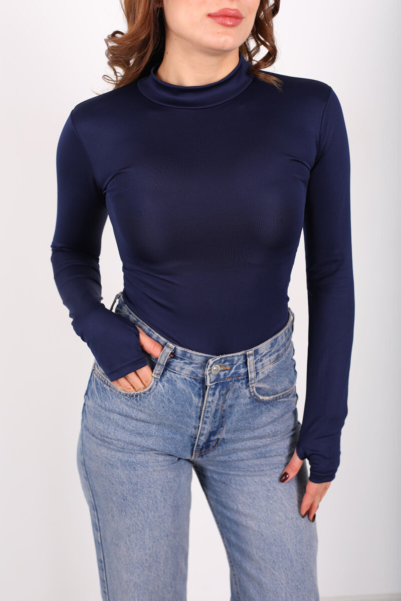 Dik Yaka Lacivert Kadın Çıtçıtlı Body - 2