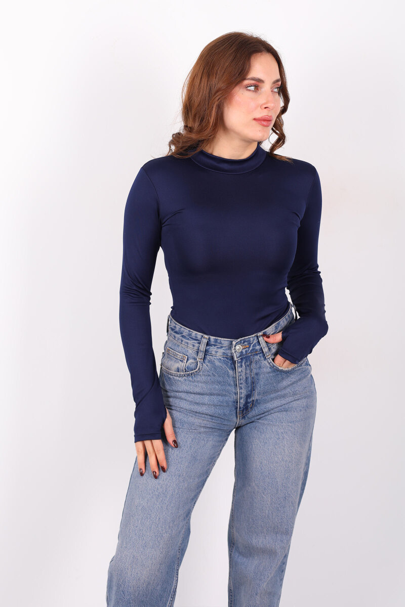Dik Yaka Lacivert Kadın Çıtçıtlı Body - 4