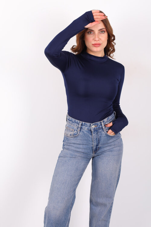 Dik Yaka Lacivert Kadın Çıtçıtlı Body - 3