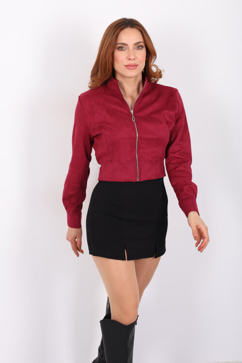 Dik Yaka Mürdüm Kadın Süet Ceket - 7