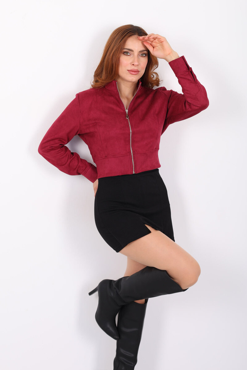 Dik Yaka Mürdüm Kadın Süet Ceket - 1