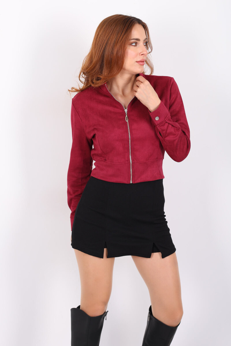 Dik Yaka Mürdüm Kadın Süet Ceket - 3