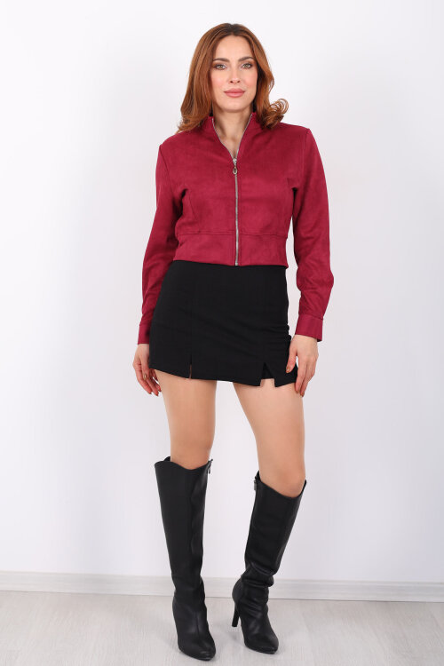 Dik Yaka Mürdüm Kadın Süet Ceket - 4