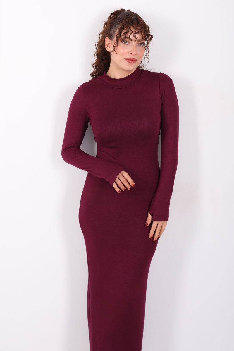 Dik Yaka Parmak Geçirmeli Mürdüm Kadın Maxi Elbise - 4