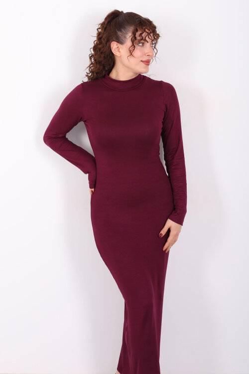 Dik Yaka Parmak Geçirmeli Mürdüm Kadın Maxi Elbise - 7