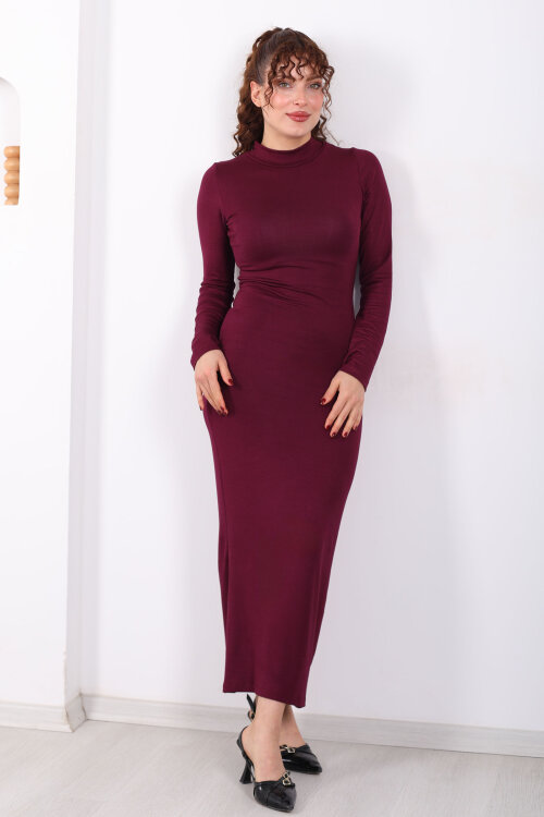 Dik Yaka Parmak Geçirmeli Mürdüm Kadın Maxi Elbise - 3