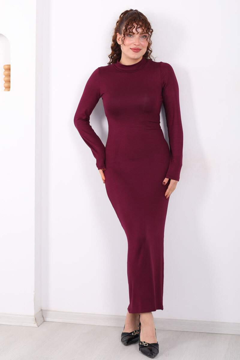 Dik Yaka Parmak Geçirmeli Mürdüm Kadın Maxi Elbise - 5