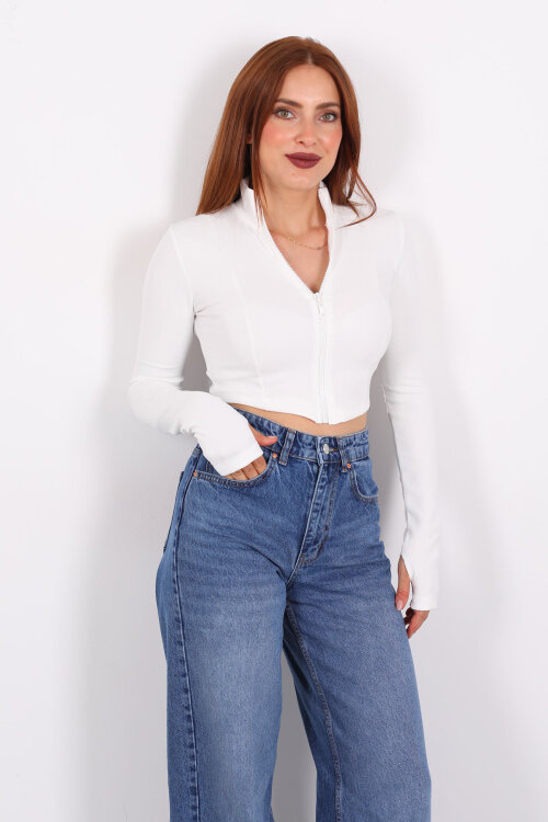 Dik Yaka Parmak Geçirmeli Ottoman Beyaz Kadın Crop Ceket - Berox