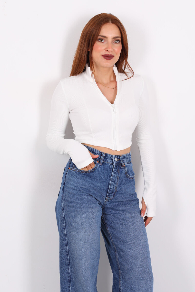 Dik Yaka Parmak Geçirmeli Ottoman Beyaz Kadın Crop Ceket - 1