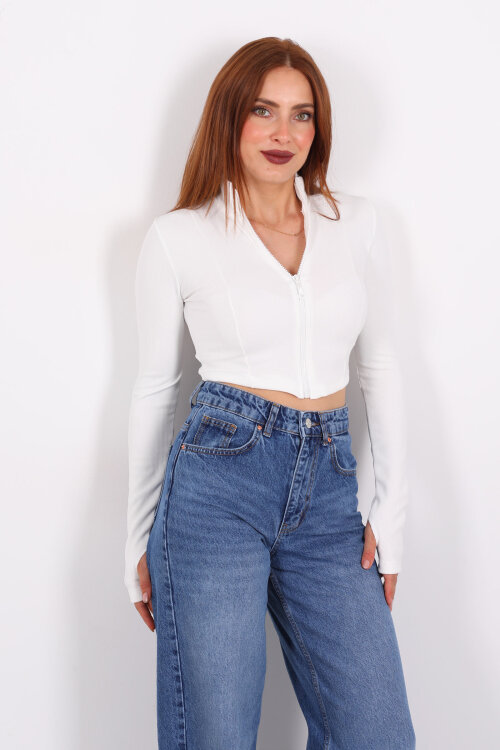 Dik Yaka Parmak Geçirmeli Ottoman Beyaz Kadın Crop Ceket - 3