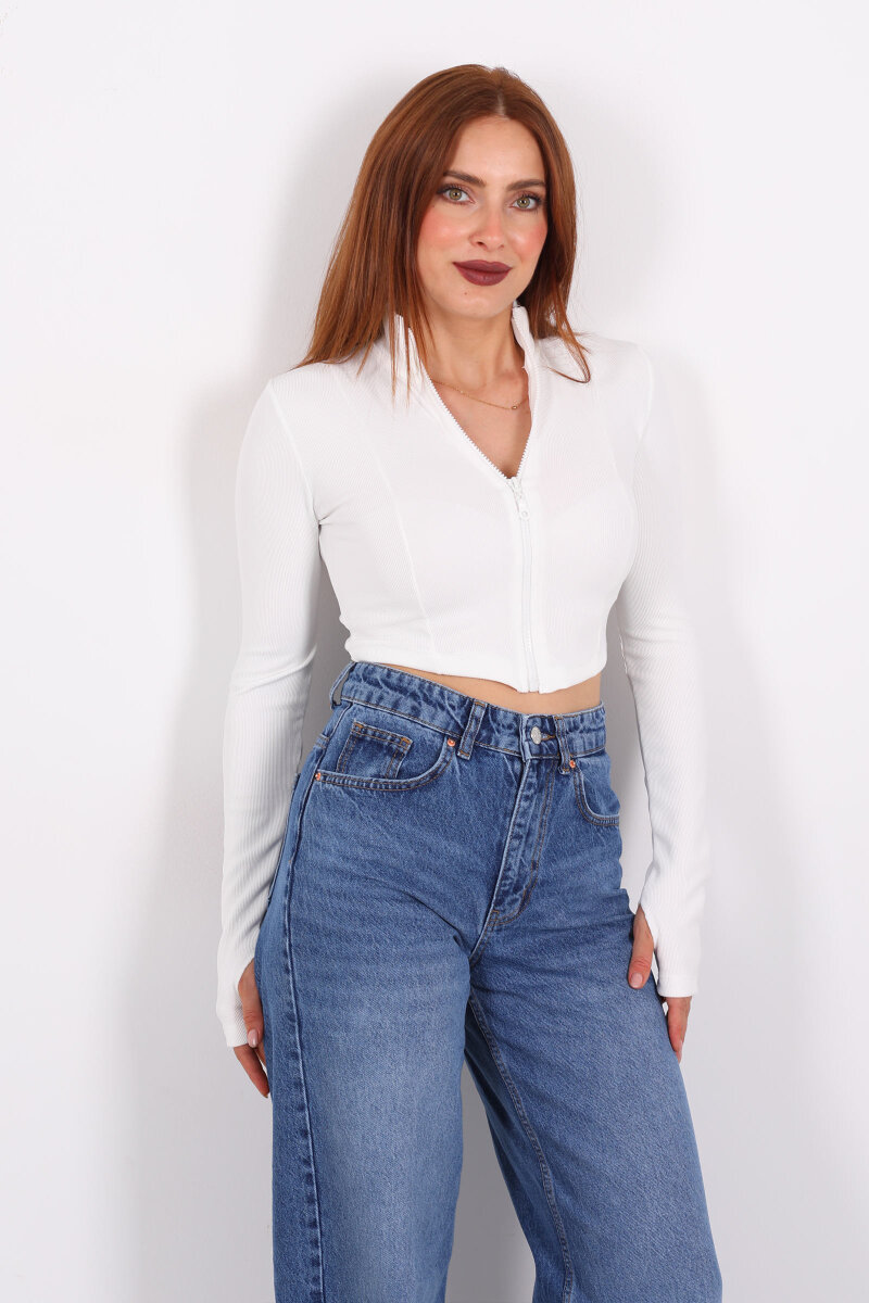 Dik Yaka Parmak Geçirmeli Ottoman Beyaz Kadın Crop Ceket - 3