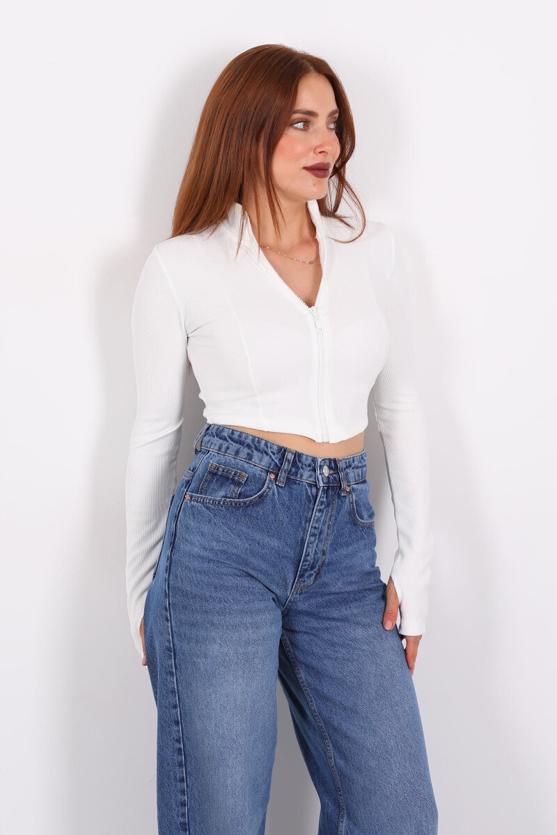 Dik Yaka Parmak Geçirmeli Ottoman Beyaz Kadın Crop Ceket - 5