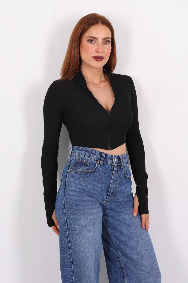 Dik Yaka Parmak Geçirmeli Ottoman Siyah Kadın Crop Ceket - 4
